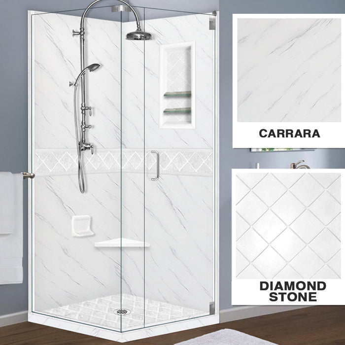 American Bath Factory Carrara Marble Diamond Corner Shower Enclosure Kit